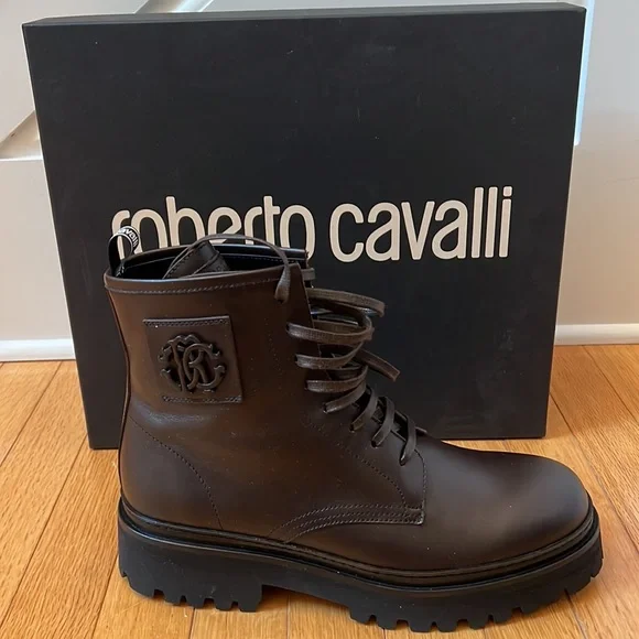 Roberto Cavalli leather hiker dark brown boots